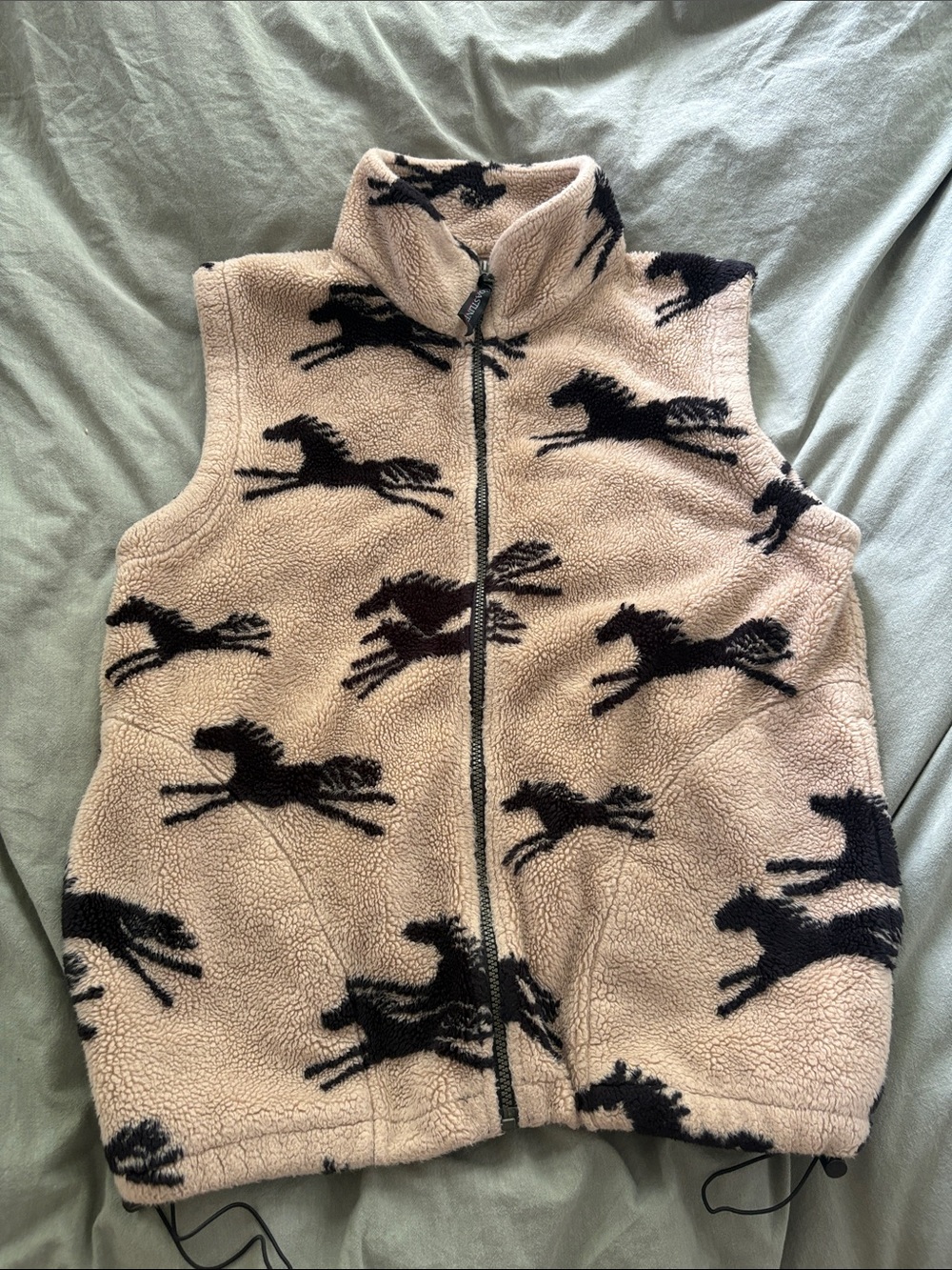 Beige Horse-Print Sherpa Vest with Full Zip - Women's Cozy Layer